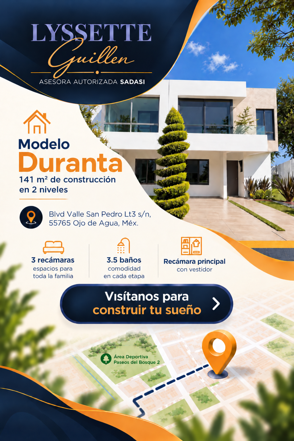 Ficha oficial de Lyssette Guillen: Modelo Duranta, 141 metros cuadrados de construcción en 2 niveles, 3 recámaras, 3.5 baños, recámara principal con vestidor. Ubicación en Blvd Valle San Pedro Lt3 sin número, Ojo de Agua, México. Visítanos para construir tu sueño.